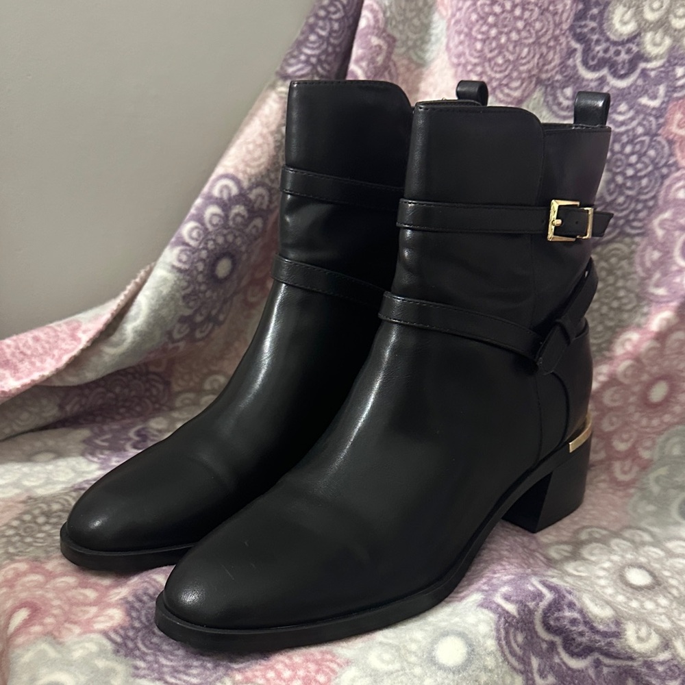 Calvin Klein Black Ankle Booties with Gold Buckle